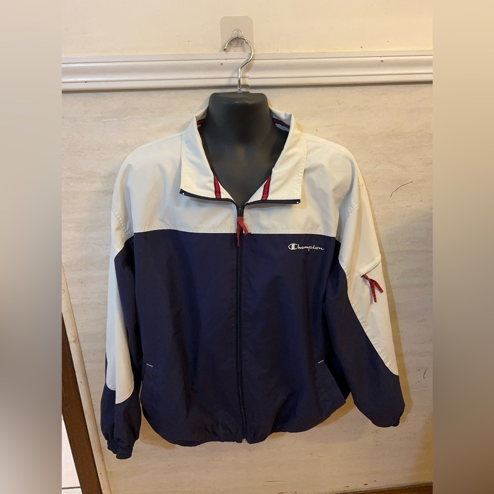Vintage Full-Zip Champion Navy and White Colorblock Windbreaker Jacket